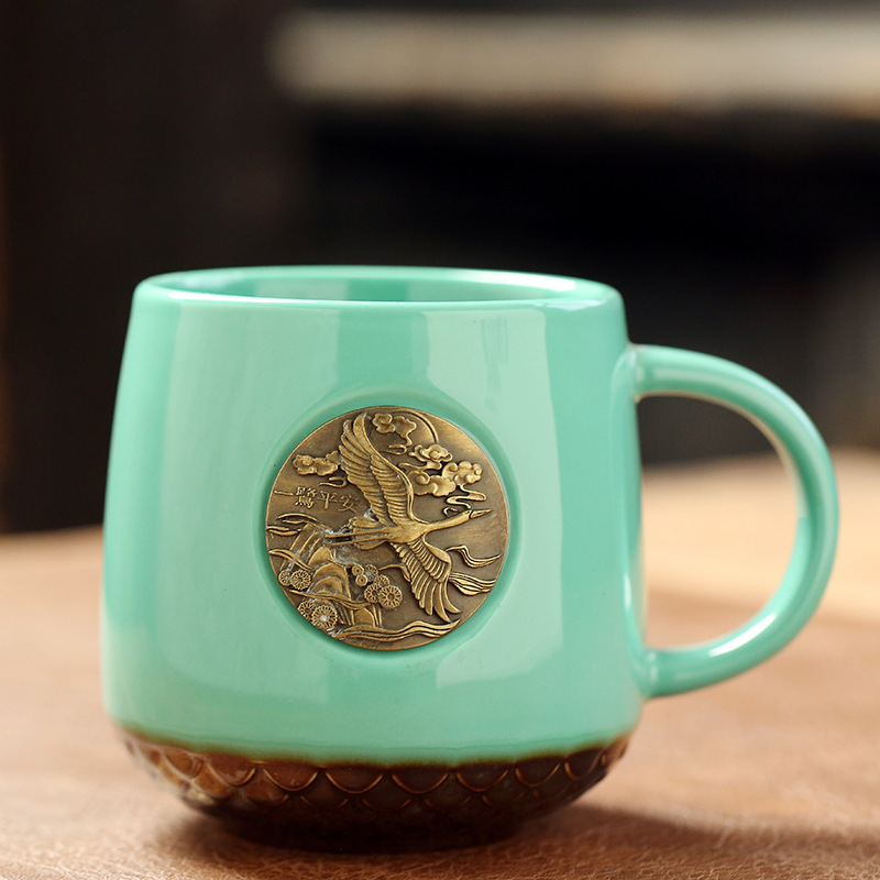 Starbucks mug with copper plate bronze medal coffee cup couple cup printable fish scale mug gift cup